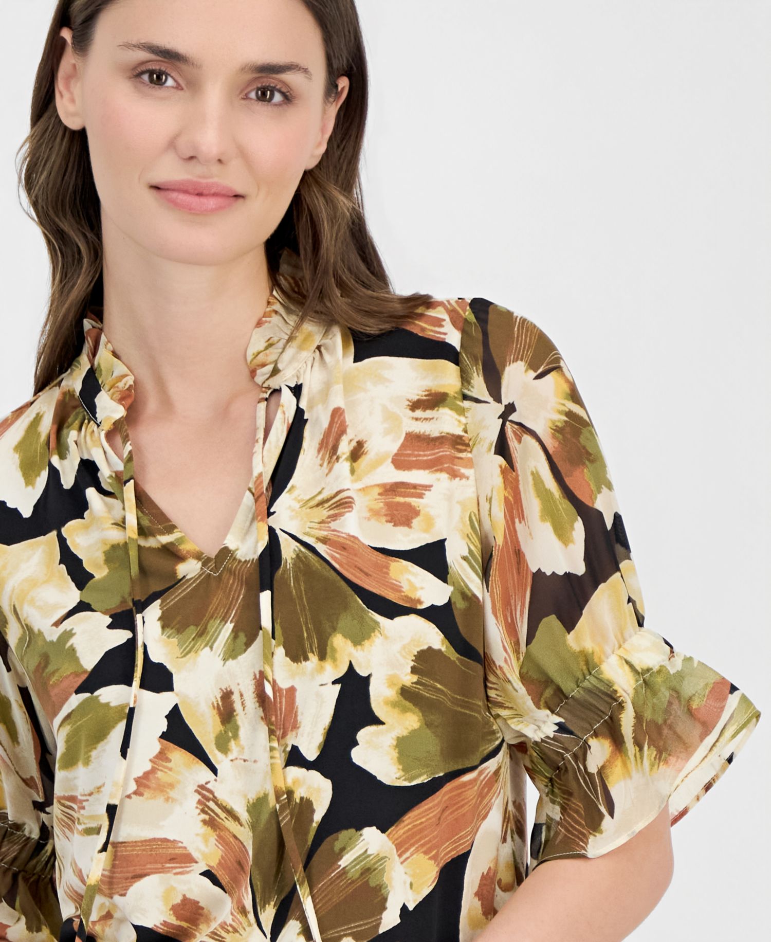 Women's Printed Tie-Front 3/4-Sleeve Blouse