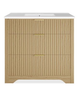 Fluted Bathroom Vanity with Sink, Farmhouse Freestanding Cabinet with 2 Drawers and Flip-Down Drawer, Easy Assembly