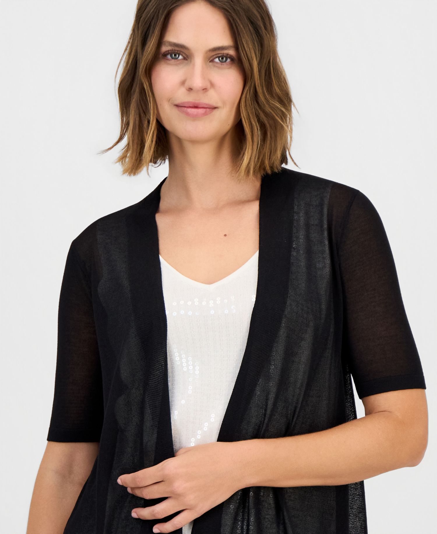 Women's Short-Sleeve Open-Front Semi-Sheer Cardigan