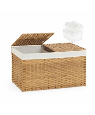 Storage Basket With Lid Woven Wicker 2 Bins 92 Gallon Foldable Removable Liners For Bedroom Laundry Room