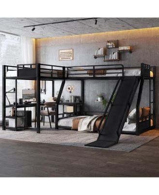 L-Shaped Metal Triple Bunk Bed w/ Desk, Storage, USB, Slide