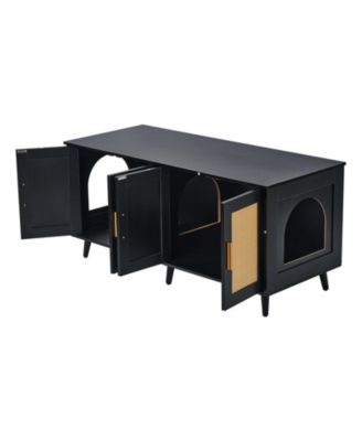 Wooden Cat Litter Box Enclosure for 2 Cats with Rattan Doors