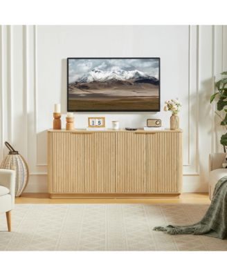  Curved Wave Design Sideboard, Modern 4-Door Storage Buffet Cabinet with Vertical Stripes and Gold Accent Handles for Living Room