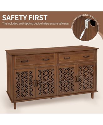 Vintage Sideboard Buffet Cabinet, Entryway 4 Doors Storage Cabinet with Hand-Carved Hollow Doors, 2 Drawers and Metal Handles for Living Room