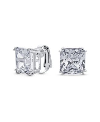 12MM Princess Cut Cubic Zirconia CZ Solitaire Statement Clip On Stud Earrings Non Pierced
