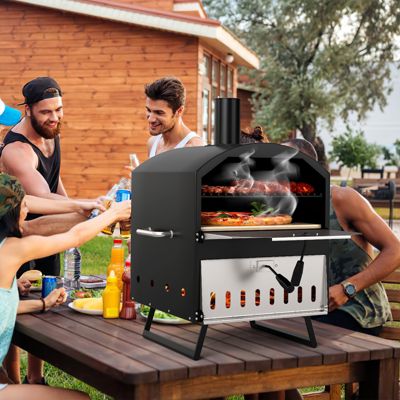 Outdoor 16 Inch 2-Layer Wood Fired Pizza Oven with Square Stone