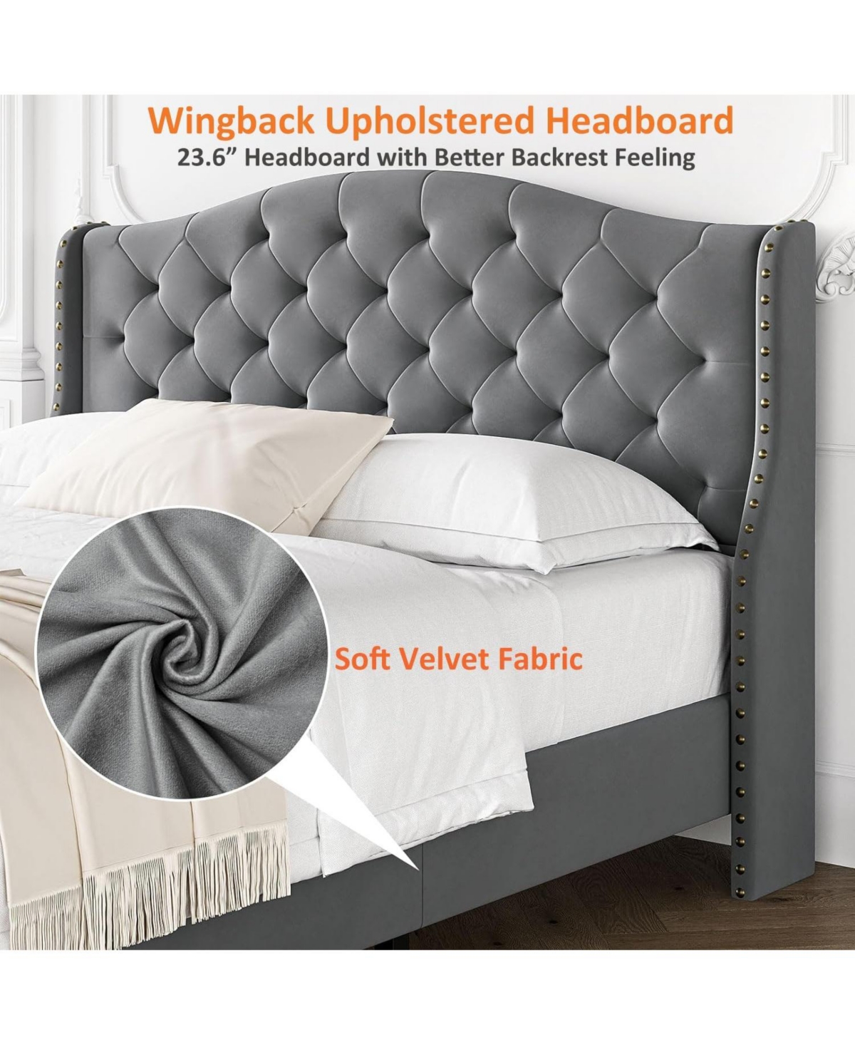 gaomon Velvet Bed Frame, Tufted Wingback Headboard, Upholstered Platform Bed, Strong Wooden Slats, No Box Spring Needed, Easy Assembly