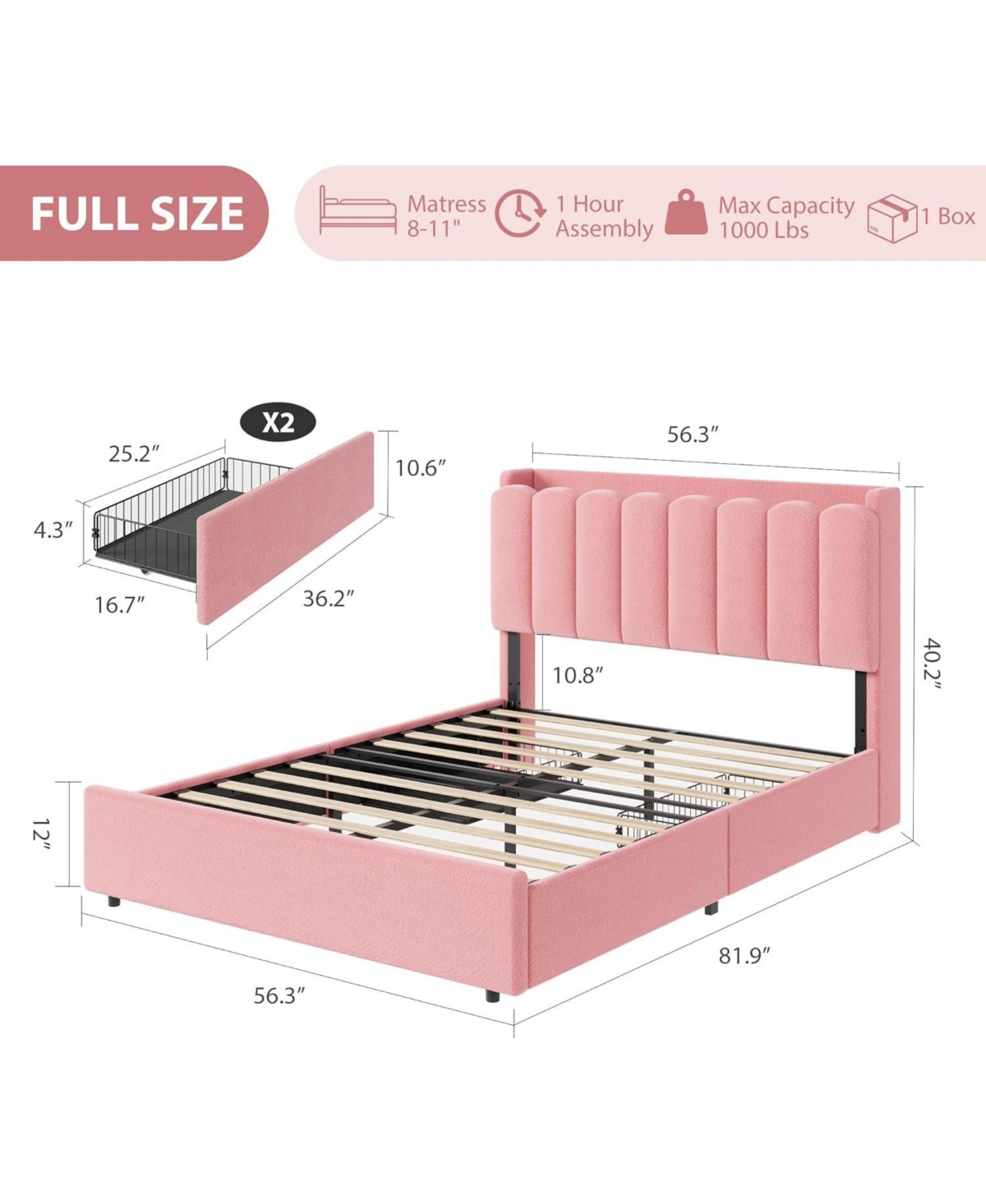 gaomon Led Bed Frame with Storage Headboard, Boucle Upholstered Platform for Girls, 2 Drawers and Bookcase