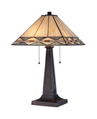 Rustic Vintage Art Deco Accent Table Lamp 21.5" High Bronze Glass Art Square Shade for Living Room Bedroom House Bedside