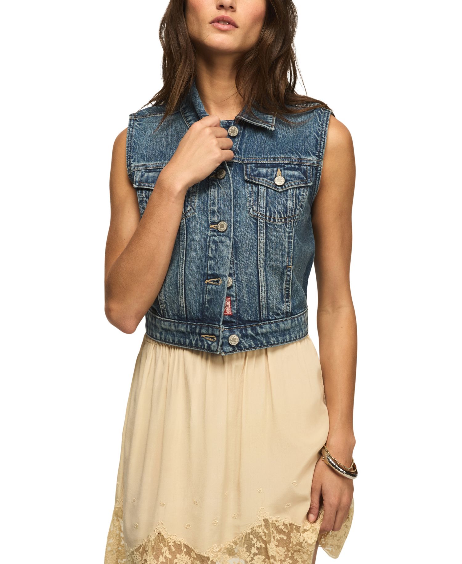 Women's Medium Wash Cropped Denim Trucker Vest