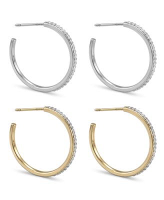 High Polished Clear Crystal Duo C Hoop Earring Pair, Gold Plate and Silver Plate