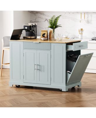 Rolling Kitchen Island Trash, Power, Storage, 3 Drawers