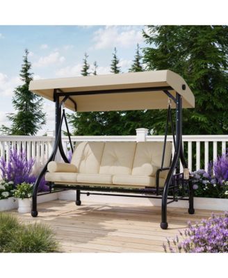 3-seat porch swing with stand, adjustable canopy, 800 lb capacity, cup holder tray, cushions and pillows for outdoor patios.
