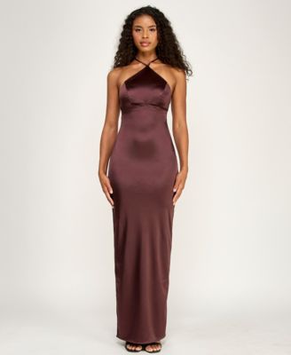 Juniors' Satin Halter Neck Gown