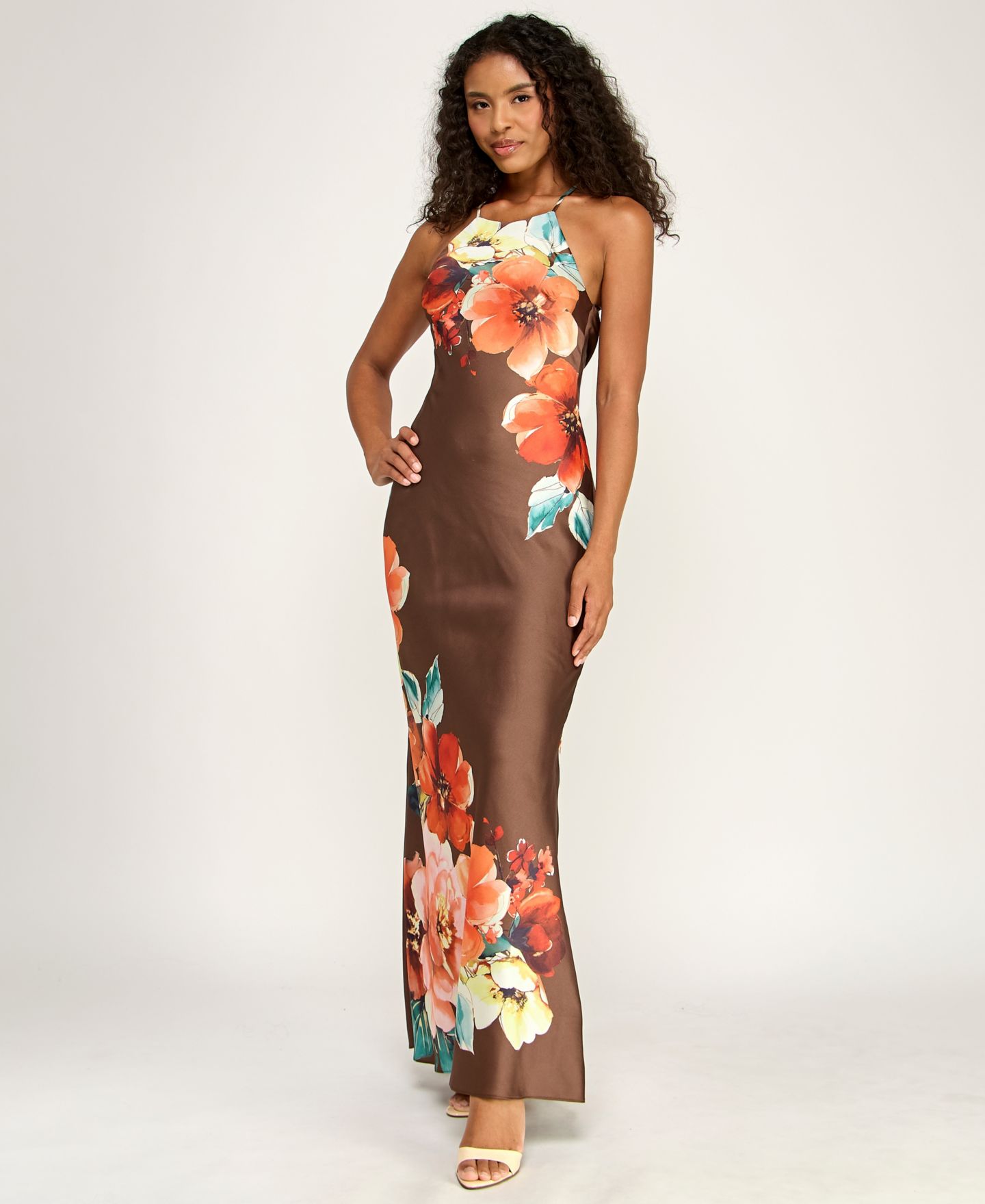 Женские платья Alex & Sophia Juniors' Halter Neck Floral Satin Gown, цвет: Коричневый разноцветный — фото 2