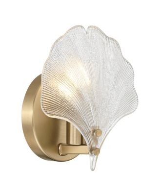 Deniz 7 3/4"H Satin Brass and Vintage Glass Ginkgo Leaf Wall Sconce