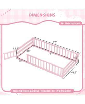Twin Size Kids Montessori Floor Bed with Door and Protective Fence
