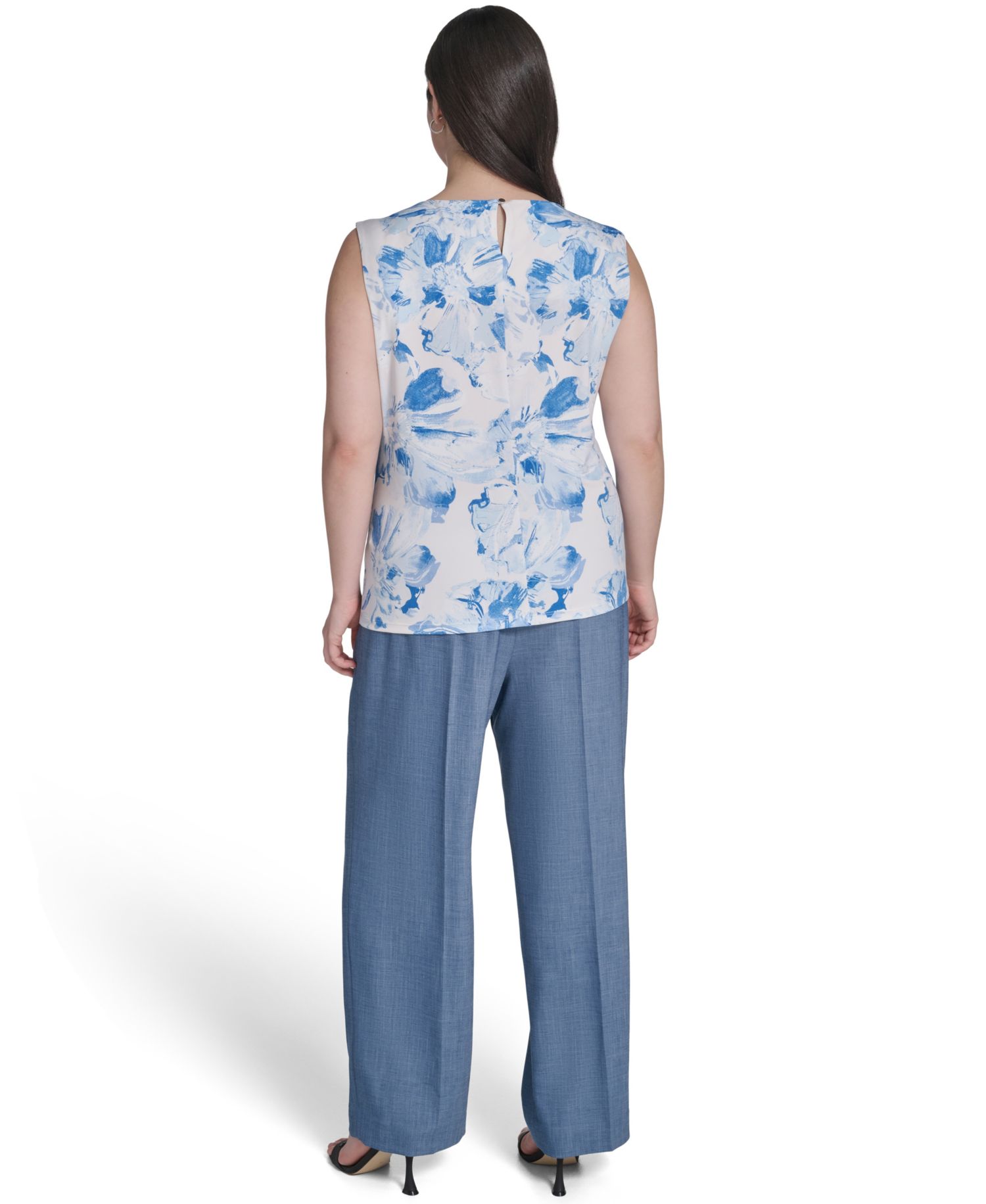 Plus Size Printed Pleated Crewneck Camisole Top