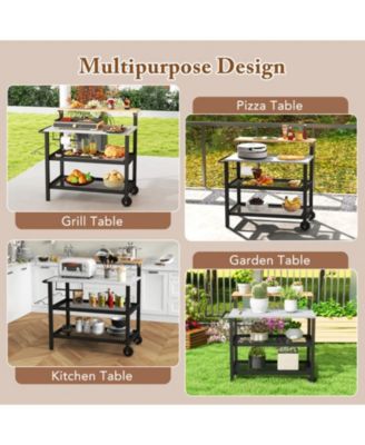Rolling 3-Tier Bar Cart with Flip-Up Table, Hooks, and Wheels