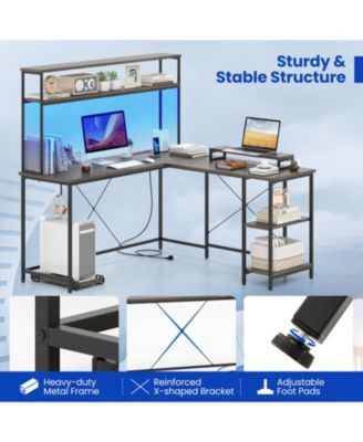 L-Shaped Reversible Gaming Desk with LED Lights, Power Outlets, Monitor Stand and Hutch