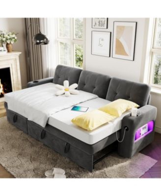 84 in Sleeper Sofa Couch, L-Shaped Sofa, Convertible Pull Out Sofa Bed with Storage, Charging Station, Led Lights