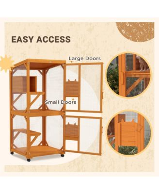 Zeus &  Ruta Large Cat Haven with Elevated Sleeping Platform, 71" Wooden Frame with Asphalt Roof, Indoor/Outdoor Enclosure with Wheels