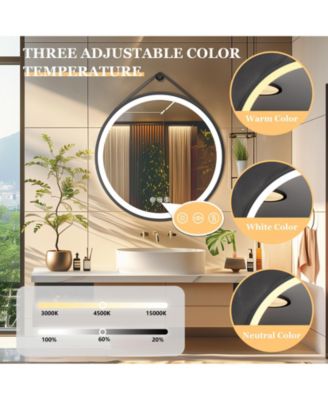 32" Circle Hanging Vanity Mirror for Wall with Leather Strap 3 Colors Dimmable for Bedroom Entryway