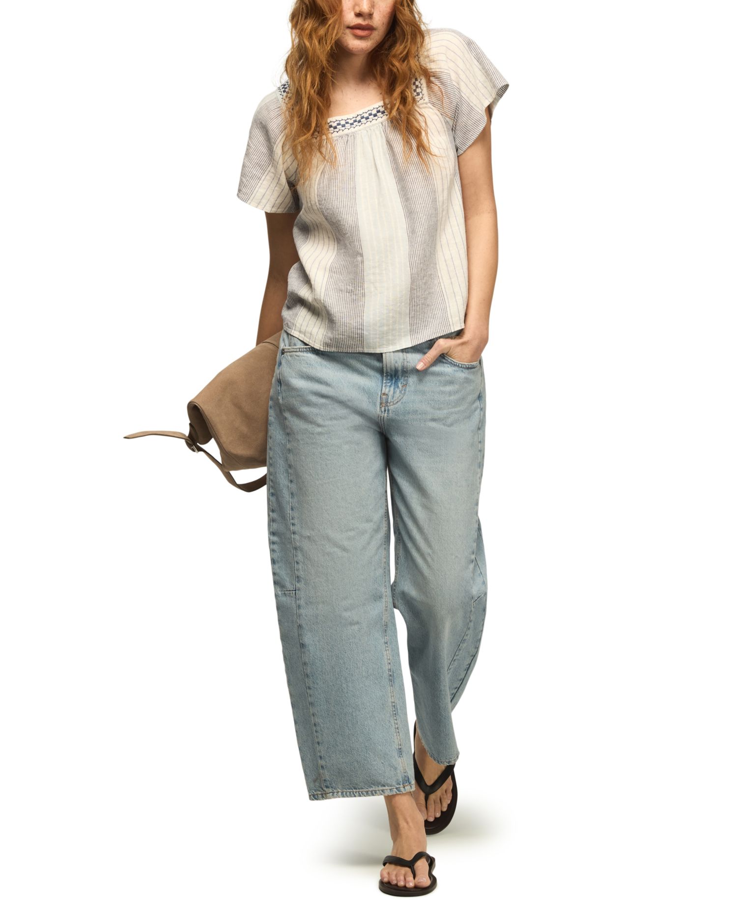 Women's Striped Square Neck Embroidered Top