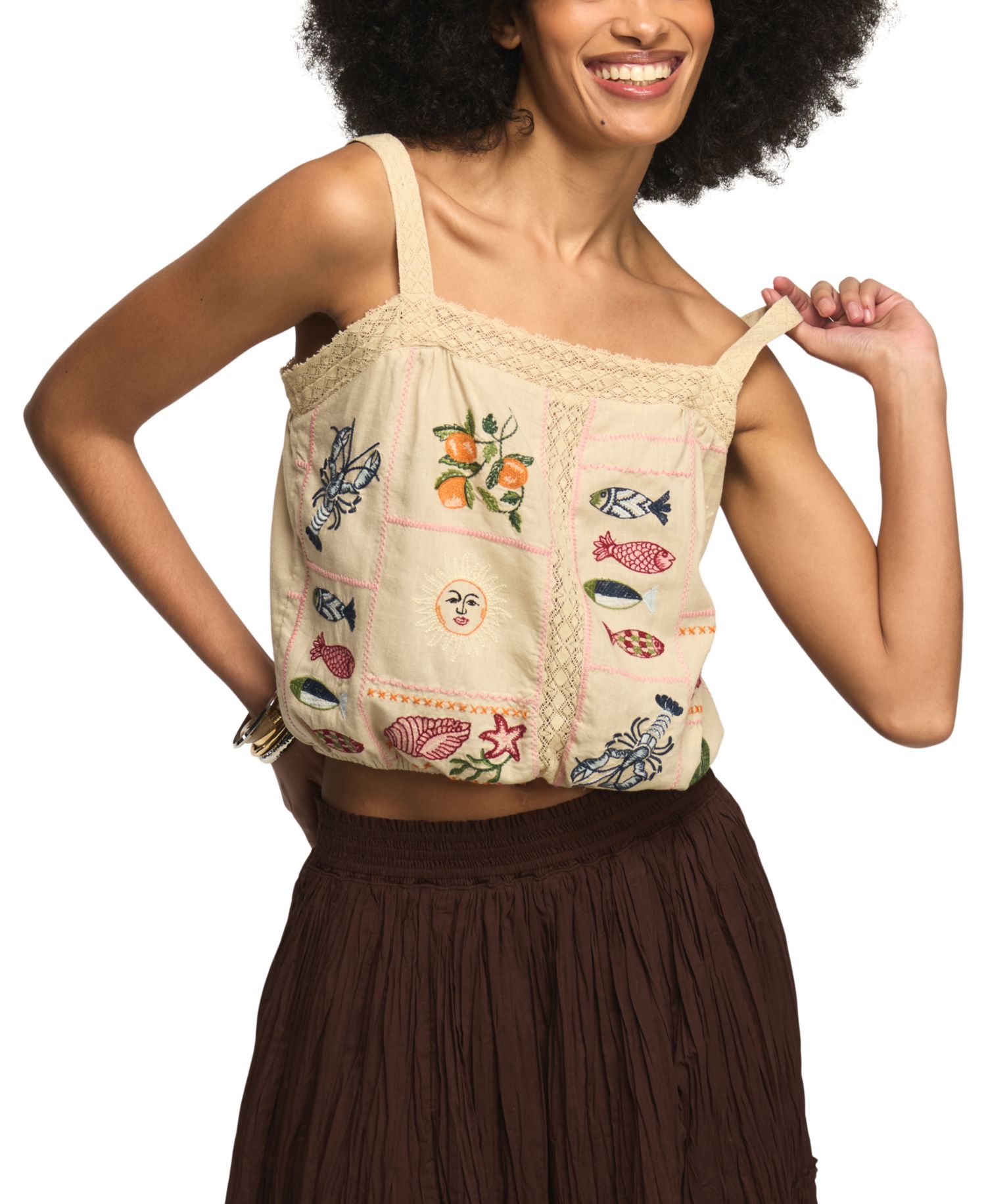 Women's Ocean Embroidered Square Neck Bubble Top