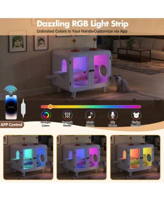 Cat Pet House with RGB LED Light, Glass Doors, Stairs, Hidden Litter Box Cabinet