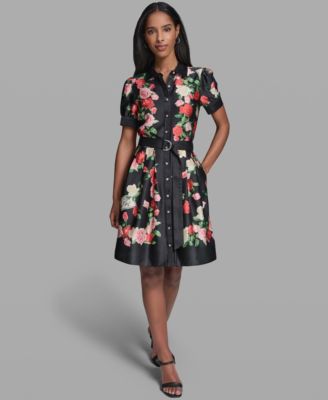 Women's Printed Belt Collared Dress