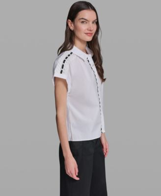 Women's Collared Eyelet Trim Top