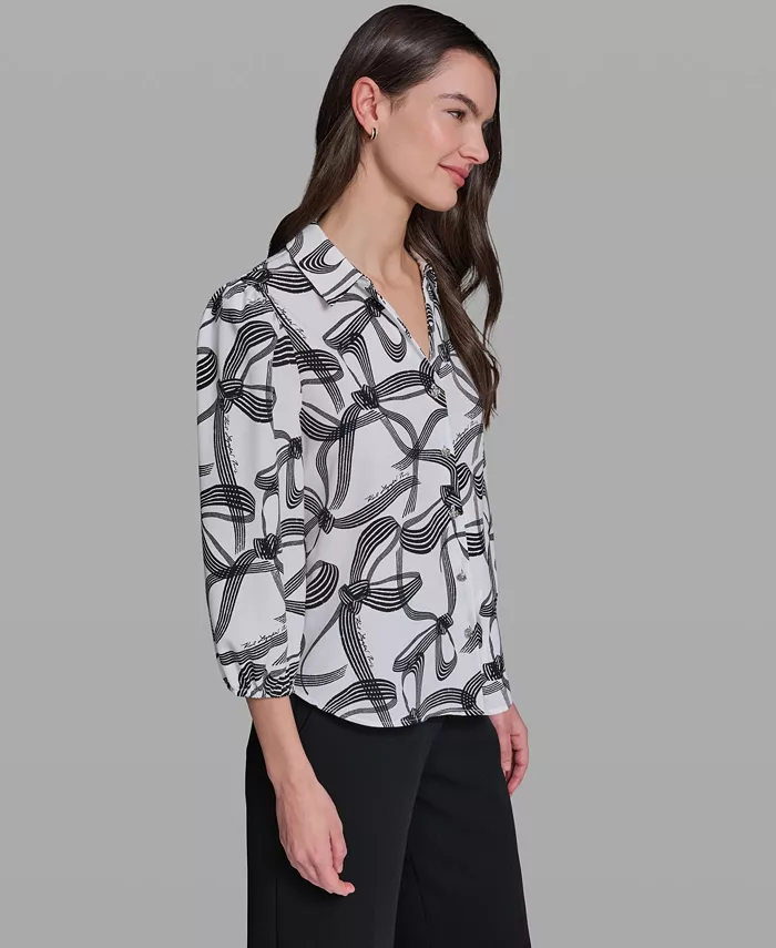 Women's Bow Print Woven Collared Top - thumbnail 3