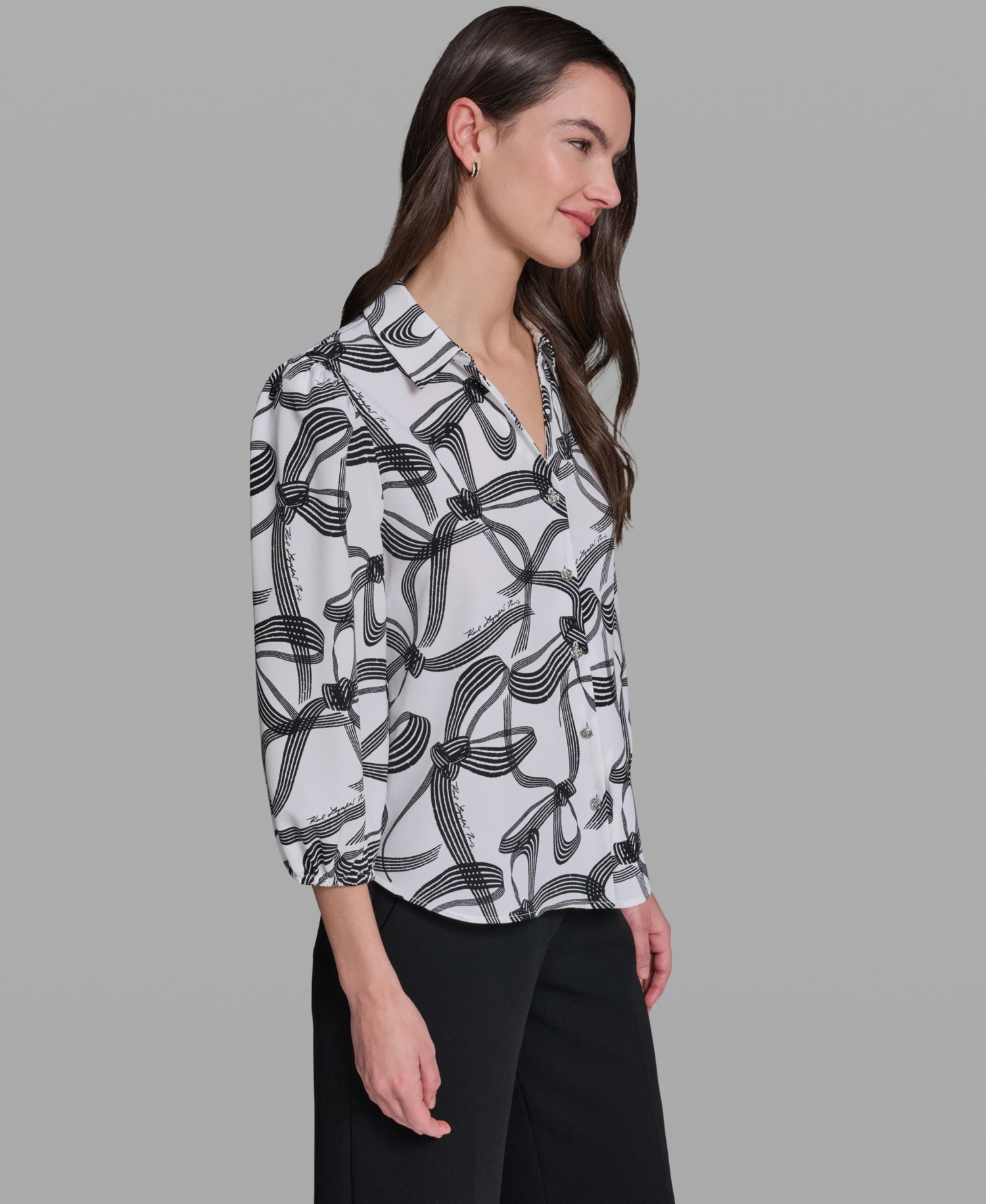 Women's Bow Print Woven Collared Top