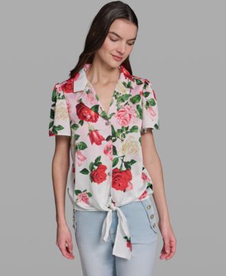 Women's Floral Printed Collared Tie-Front Top