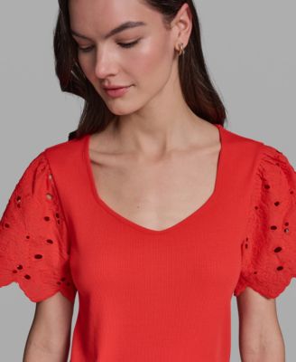 Women's Eyelet Mix Media V-Neck Top