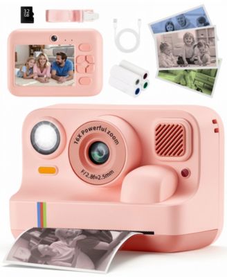 Kids Instant Print Camera 48MP with 16X Zoom, 1080P HD Video, Bluetooth, Dual Lens, 32GB Card & 4 Print Rolls
