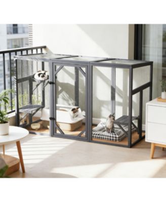 Outdoor Wooden Cat Enclosure with 3-Tier Catio, Lockable Door, Sun Roof, Spacious Play Area