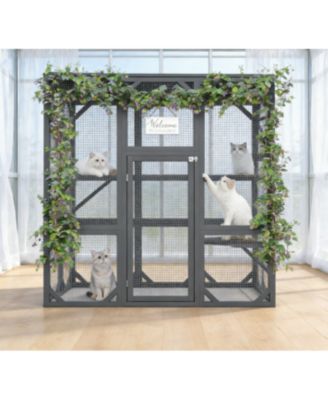 Large Cat Haven with Elevated Sleeping Platform, 71" Wooden Frame with Asphalt Roof, Indoor/Outdoor Enclosure with Wheels