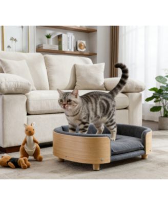 Scandinavian Style Elevated Cat Bed with Solid Wood Legs Velvet Cushion Mid Size