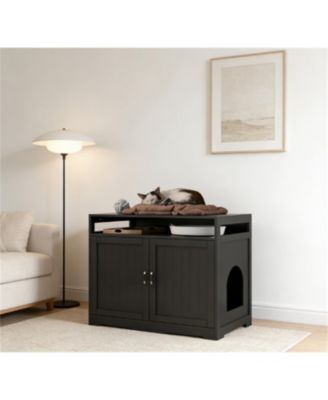 Zeus &  Ruta  Litter Box Enclosure with Hidden Plug 2 Doors Large Wooden Cat Washroom Bench