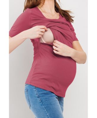 Maternity Short Sleeve Ribbed Crossover Nursing T-Shirt