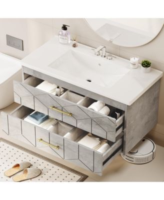 Bathroom Cabinet with Sink Combo, Floating Bathroom Vanity with Ceramic Basin, 2 Large Drawers with Gold Handle, Soft-Close Design