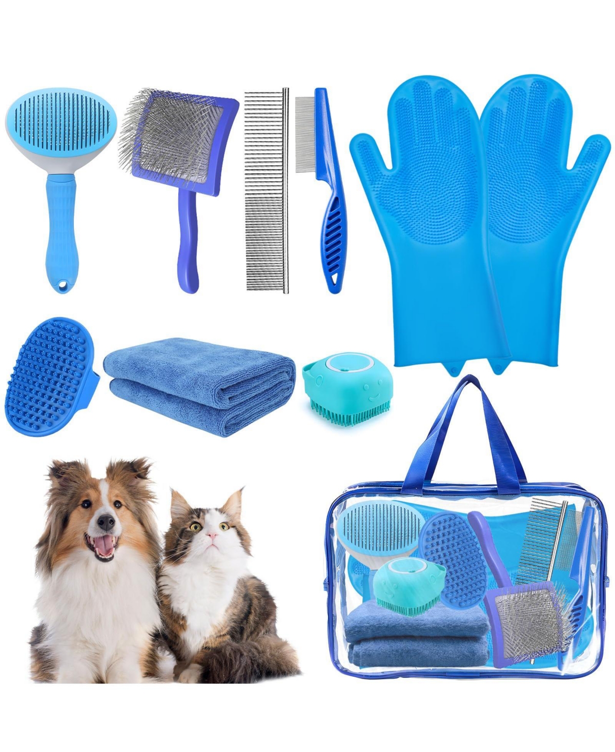 Aronkl 8pcs Pet Grooming Bath Kit with Slicker Brush Deshedding Rake Towel Gloves Combs Scrubber for Dogs Cats Rabbits - Blue