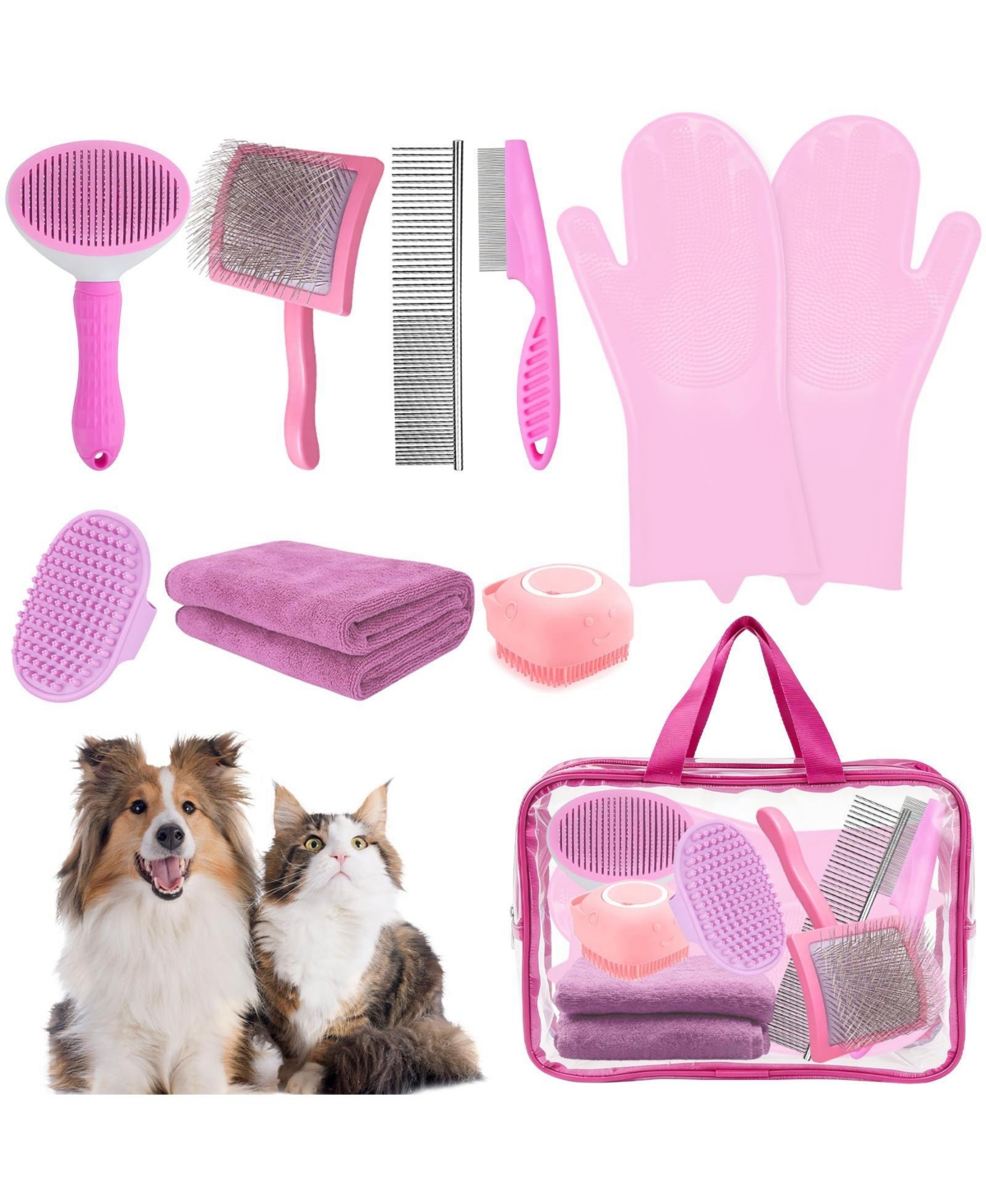 Aronkl 8pcs Pet Grooming Bath Kit with Slicker Brush Deshedding Rake Towel Gloves Combs Scrubber for Dogs Cats Rabbits - Pink