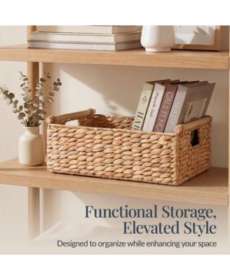 Wicker Storage Basket, Shelf Basket w/ Wooden Handles, Rectangular Storage Bin