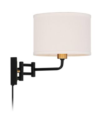 Joelle Modern Swing Arm Wall Lamps Set of 2 Brass Black Plug-in Light Fixture Fabric Drum Shade for Bedroom Bedside Living Room Reading