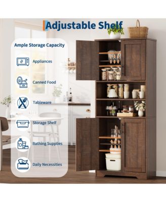 67" Tall Bathroom Cabinet, Freestanding Wooden Storage with 4 Doors, 2 Open Compartments, Adjustable Shelves, Microwave Stand
