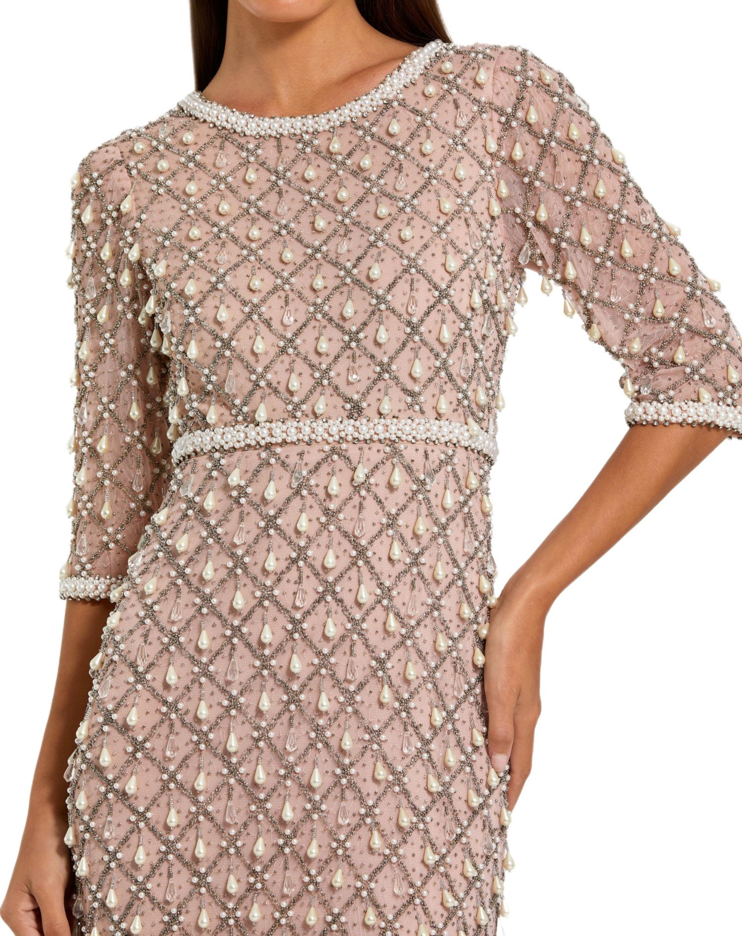 Petite Pearl and Crystal Embellished Evening Gown