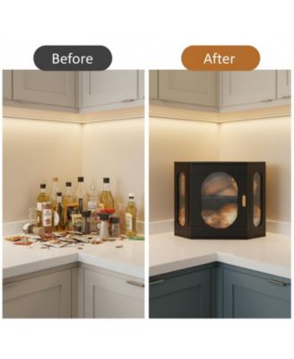 Wooden Bread Box 2 Layer Corner Storage Adjustable Divider Magnetic Closure Farmhouse Vintage